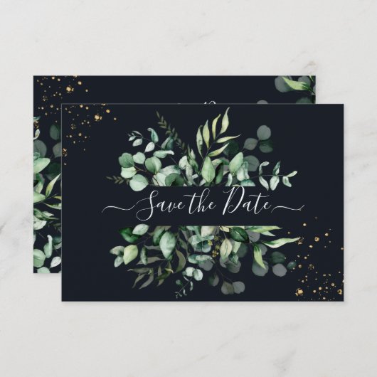 PixDezines Rustic Eucalyptus Navy n Gold Save Save The Date (Voorkant / Achterkant)
