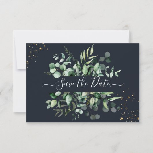 PixDezines Rustic Eucalyptus Navy n Gold Save The Date (Voorkant)