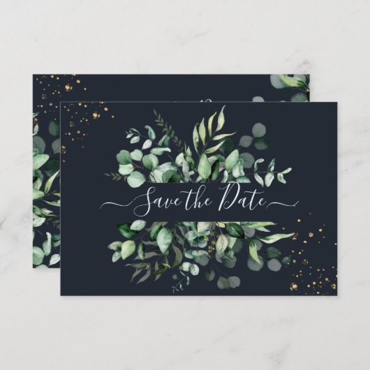 PixDezines Rustic Eucalyptus Navy n Gold Save The Date (Voorkant / Achterkant)
