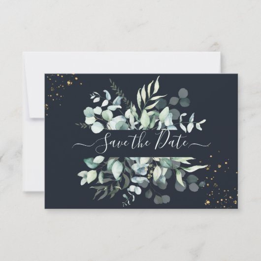 PixDezines Rustic Eucalyptus Navy n Gold Save The Date (Voorkant)
