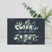 PixDezines Rustic Eucalyptus Navy n Gold Save The Date (Staand voorkant)