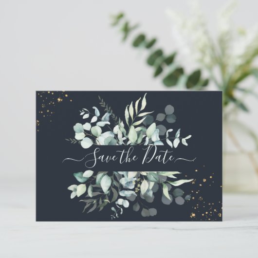 PixDezines Rustic Eucalyptus Navy n Gold Save The Date (Staand voorkant)