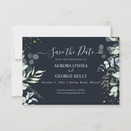 PixDezines Rustic Eucalyptus Navy n Gold Save The Date (Achterkant)