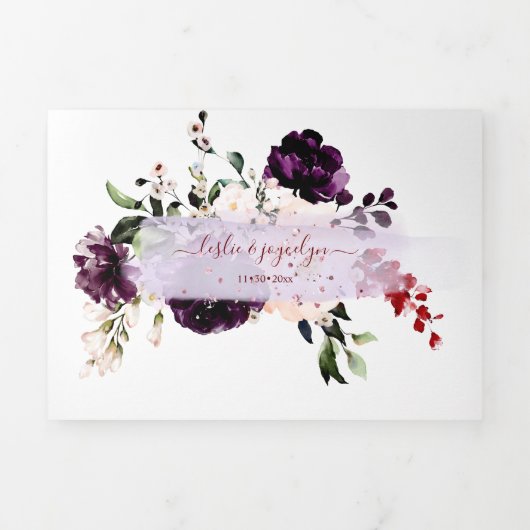 PixDezines Rustic H2 Eggplant Burgundy Flowers Drieluik Uitnodiging (Cover)