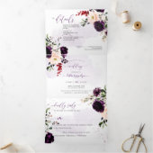 PixDezines Rustic H2 Eggplant Burgundy Flowers Drieluik Uitnodiging (Binnen)