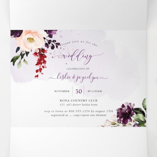 PixDezines Rustic H2 Eggplant Burgundy Flowers Drieluik Uitnodiging (Binnenkant midden)