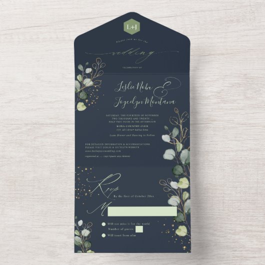PixDezines Rustic H2 Green Gold Eucalyptus Navy All In One Uitnodiging (Binnen)
