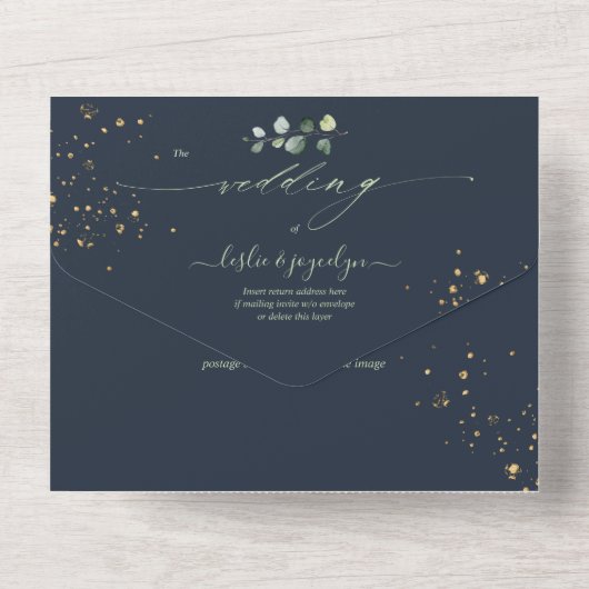 PixDezines Rustic H2 Green Gold Eucalyptus Navy All In One Uitnodiging (Achterkant)