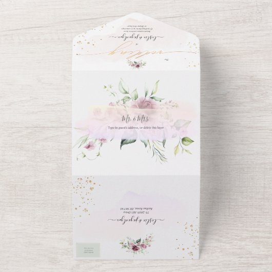 PixDezines Rustic Mauve Pink Roses All In One Uitnodiging (Buitenkant)