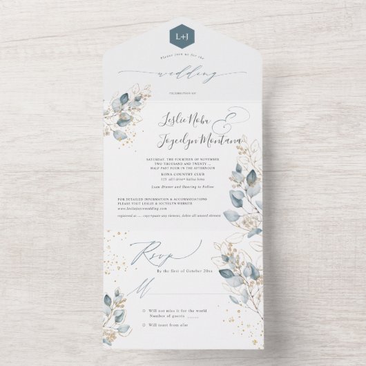 PixDezines Rustic Waterverf Blue Gum Eucalyptus All In One Uitnodiging (Binnen)