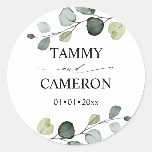 PixDezines Rustieke Waterverf Groenery Eucalyptus Ronde Sticker (Voorkant)