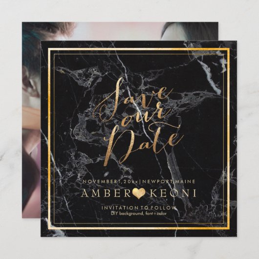 PixDezines Save Date/Black Marble/Faux Gold Save The Date (Voorkant / Achterkant)