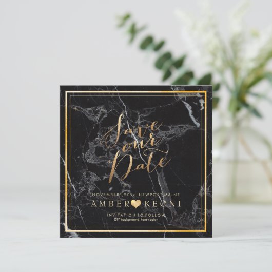 PixDezines Save Date/Black Marble/Faux Gold Save The Date (Staand voorkant)