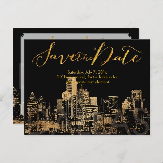 PixDezines/Save Date/Faux Gold/Dallas Skyline Aankondigingskaart (Voorkant / Achterkant)