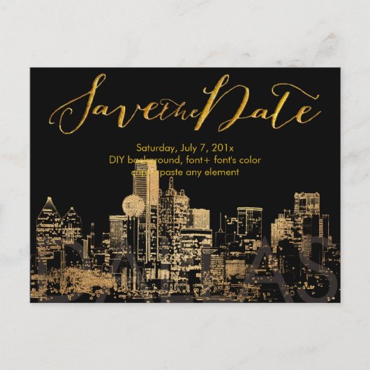 PixDezines/Save Date/Faux Gold/Dallas Skyline Aankondigingskaart (Voorkant)