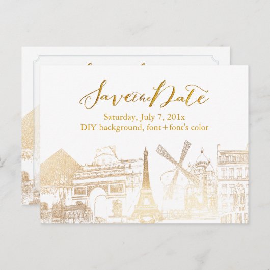 PixDezines/Save Date/Faux Gold/Paris Sketched Aankondigingskaart (Voorkant / Achterkant)