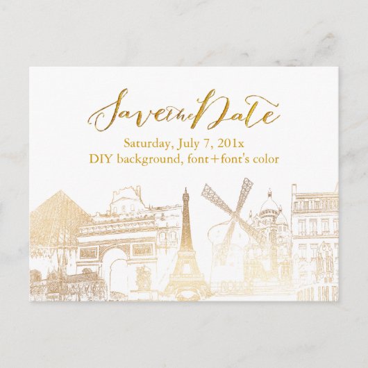 PixDezines/Save Date/Faux Gold/Paris Sketched Aankondigingskaart (Voorkant)