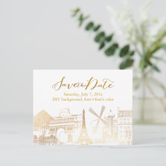 PixDezines/Save Date/Faux Gold/Paris Sketched Aankondigingskaart (Staand voorkant)