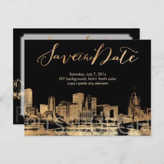 PixDezines/Save Date/Faux Gold/Pittsburgh Skyline Aankondigingskaart (Voorkant / Achterkant)