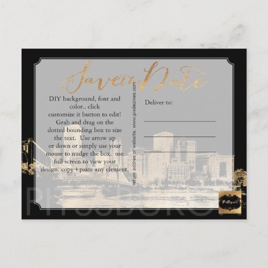 PixDezines/Save Date/Faux Gold/Pittsburgh Skyline Aankondigingskaart (Achterkant)