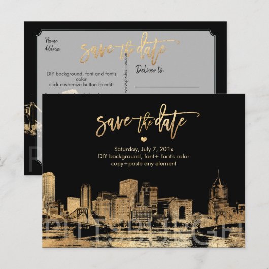 PixDezines/Save Date/Faux Gold/Pittsburgh Skyline Aankondigingskaart (Voorkant / Achterkant)