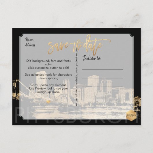 PixDezines/Save Date/Faux Gold/Pittsburgh Skyline Aankondigingskaart (Achterkant)