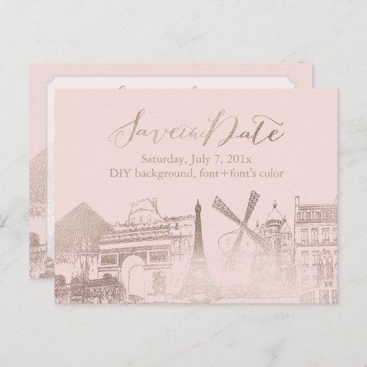 PixDezines/Save Date/Faux Pink Gold/Paris Sketched Aankondigingskaart (Voorkant / Achterkant)