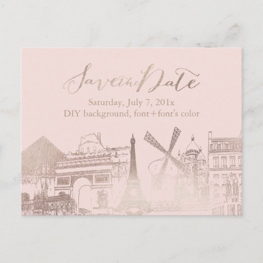 PixDezines/Save Date/Faux Pink Gold/Paris Sketched Aankondigingskaart (Voorkant)