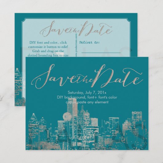 PixDezines/Save Date/Faux Silver/Dallas Skyline Aankondigingskaart (Voorkant / Achterkant)