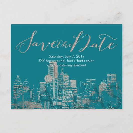 PixDezines/Save Date/Faux Silver/Dallas Skyline Aankondigingskaart (Voorkant)