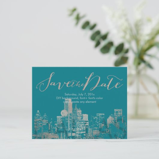 PixDezines/Save Date/Faux Silver/Dallas Skyline Aankondigingskaart (Staand voorkant)
