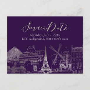 PixDezines/Save Date/Faux Silver/Paris Schets Aankondigingskaart