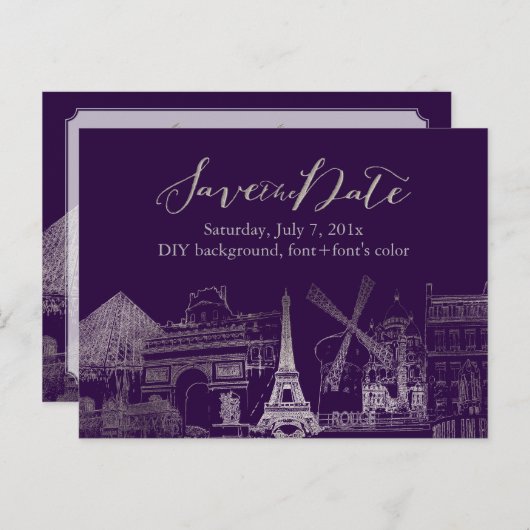 PixDezines/Save Date/Faux Silver/Paris Schets Aankondigingskaart (Voorkant / Achterkant)