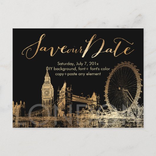 PixDezines/Save Date/Gold/London Skyline Aankondigingskaart (Voorkant)