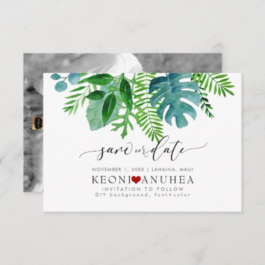 PixDezines Save Date/Greenery, Tropical Foliage Save The Date (Voorkant / Achterkant)