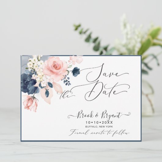 PixDezines Save Date H2 Dusty Blue Blush Rozen Kaart (Staand voorkant)