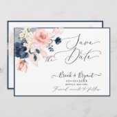 PixDezines Save Date H2 Dusty Blue Blush Rozen Kaart (Voorkant / Achterkant)