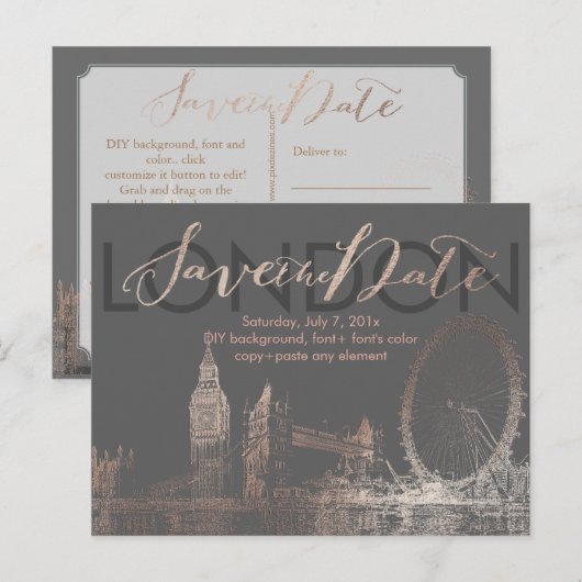 PixDezines/Save Date/Pink Gold/London Skyline Aankondigingskaart (Voorkant / Achterkant)