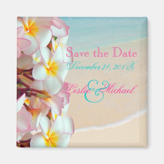 PixDezines Save Date, Roze Plumeria Lei+Beach Magneet (Voorkant)