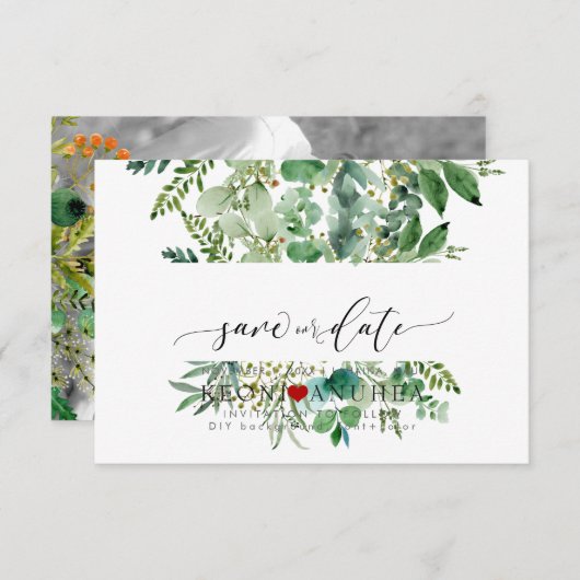 PixDezines Save Datum/Groen, Elder+Fern Save Th Save The Date (Voorkant / Achterkant)