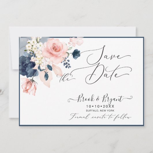 PixDezines Save Datum H2 Stof Blauw Blush Rozen  Kaart (Voorkant)