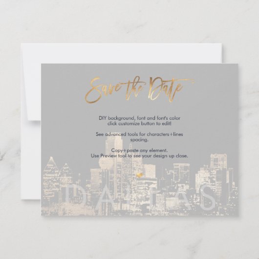 PixDezines/Save the Date Dallas Skyline/Faux Gold  Aankondiging (Achterkant)