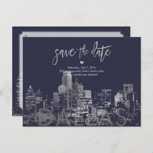 PixDezines/Save the Date Dallas Skyline/Faux Silve Aankondigingskaart (Voorkant / Achterkant)