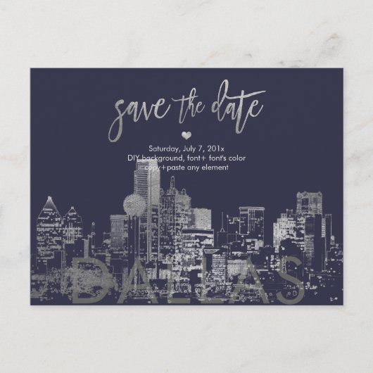 PixDezines/Save the Date Dallas Skyline/Faux Silve Aankondigingskaart (Voorkant)