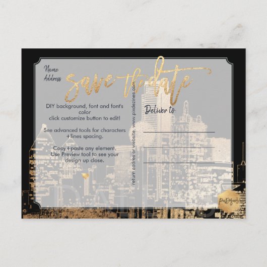 PixDezines/Save the Date Dallas Skyline/Nepgoud Aankondigingskaart (Achterkant)