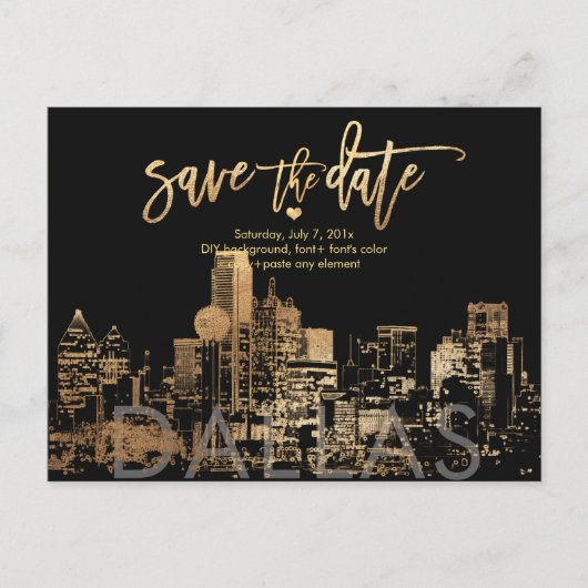 PixDezines/Save the Date Dallas Skyline/Nepgoud Aankondigingskaart (Voorkant)