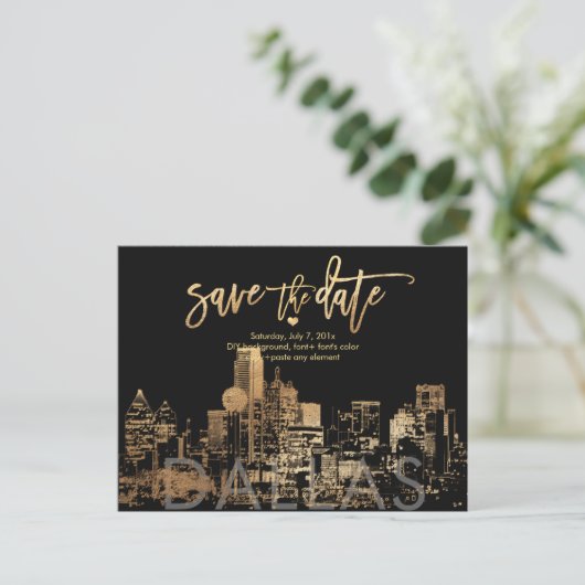 PixDezines/Save the Date Dallas Skyline/Nepgoud Aankondigingskaart (Staand voorkant)
