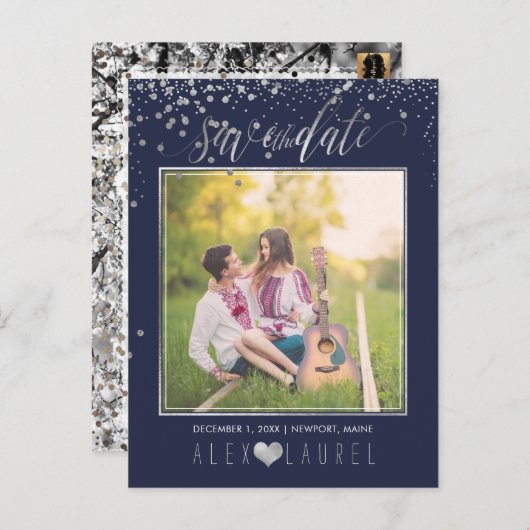 PixDezines Save the Date/Faux Silver Confetti Aankondigingskaart (Voorkant / Achterkant)