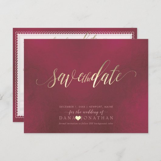 PixDezines Save the Date/Gold iriserende Bourgogne Briefkaart (Voorkant / Achterkant)