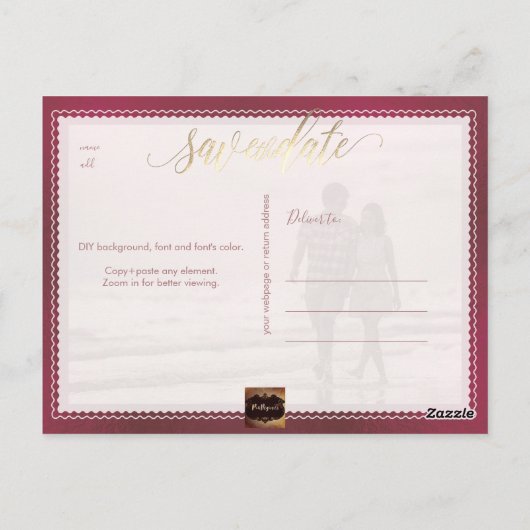 PixDezines Save the Date/Gold iriserende Bourgogne Briefkaart (Achterkant)